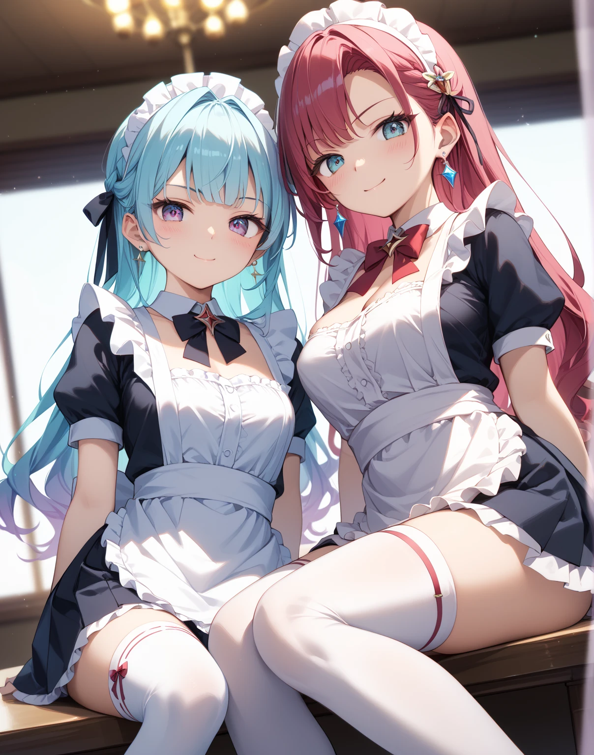 angle from above、girls sandwich、Two girls are depicted、colorful hair、beautiful girl、highest quality、embarrassing smile、beautiful girl、masterpiece、High-definition images、The belly button is visible、Police Cosplay、Maid clothes、Close-up focus on cleavage:1:4、Thigh emphasis、classroom、25 years old、super lender body shape