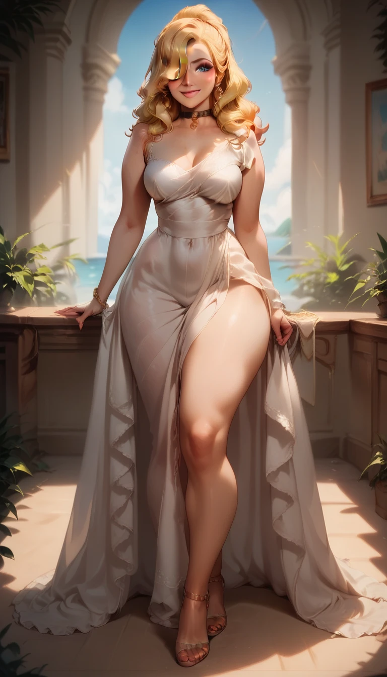 masterpiece,extremely beautiful woman,highly detailed beautiful face,big eyelahes,minimum waist,maxi slit dress, tights,straight blonde hair,excellent sense,American Comics,(((The Perfect One Woman))),(((one person))),colorful,highly detailed body,florish garden in the background