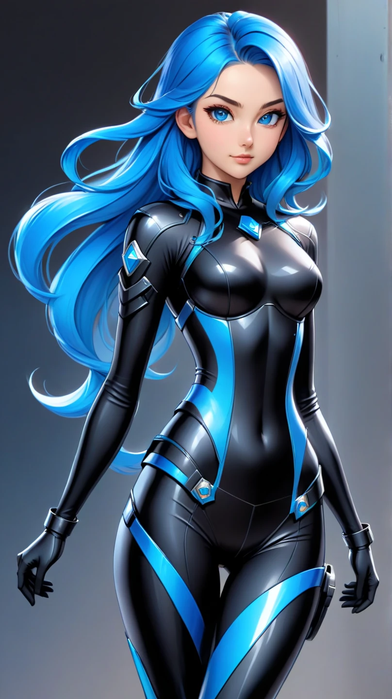 Uma mulher linda e sexy maligna de longos cabelos brancos que ostenta uma figura majestosa,que possui um corpo bem sexy, Dress in futuristic Cyberpunk Tron armor that glows with shades of silver and electric blue. possui olho azuis que brilha com a energia temporal, He has hourglass symbols on his arms symbolizing the weaving of time in his hands.