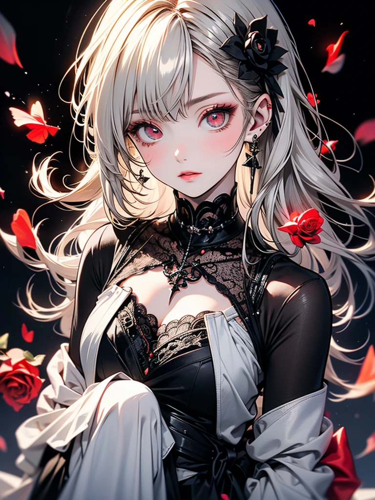 vampire woman, Victorian dress, absurdres, RAW photo, extremely delicate and beautiful, masterpiece, Best Quality, ultra high resolution, 32k, hyperrealistic, ultra-detailed, detailed description, pale skin, 20 years old, tearful mole, earring, short medium hair, wavy hair, full body shot,