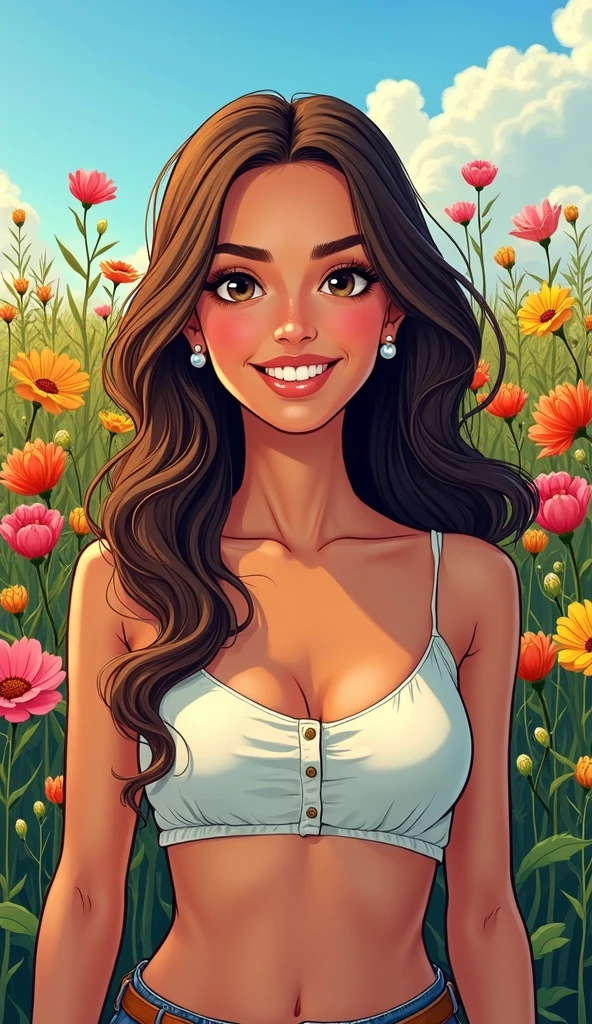 A cartoon image of a confident woman with long dark brown hair, beautiful and elegant, wearing a dress filled with joy and brightness. Makeup is all around her, she is healthy.