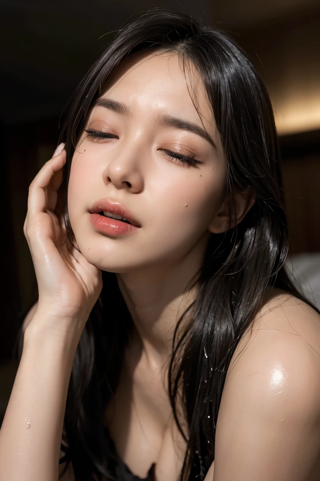 in a dim lit dark bedroom, an elegant adult lady, sittiing on all fours, doggy style, woth sloppy posture, looking down to below, both hands close to the face, looks like licking something, open mouth wide, closed eyes, wearing nothing, exposed skin, wet long length hair, deep red and shiny black hair, vivid heavy makeup, slendar figure, beautiful taned-colored skin, sunburned, sweat splashes a lot whole face, racy, provocative, refined sensuality, captivating presence, sexiness, alluring, {high angle shot}, {shot from overhead}, {realistic photo style}, {cinematic}, {dramatic}