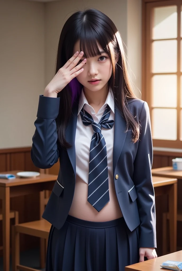 ((1 person)), ((Furious look))、((She is very angry))、(((Skirt Lift)))、((panties))、classroom、masterpiece, Highest quality, 8k, Young and beautiful, Baby Face、The clothes are big 、Morphologically correct、 (Round face), Cute Face, Thighs, classroom、Compensate, 10 generations, Detailed face, Background Blur、((((((high school girl))))))、(((uniform)))、((濡れたuniform)), ((タイトなuniform)), Close-fitting clothes, Written boundary depth, Tight waist、 ((Big Breasts))、(((ハイレグuniform:1.2)))、Underarm, (Please raise your hand),, (Black Hair)、(Low Twintails)