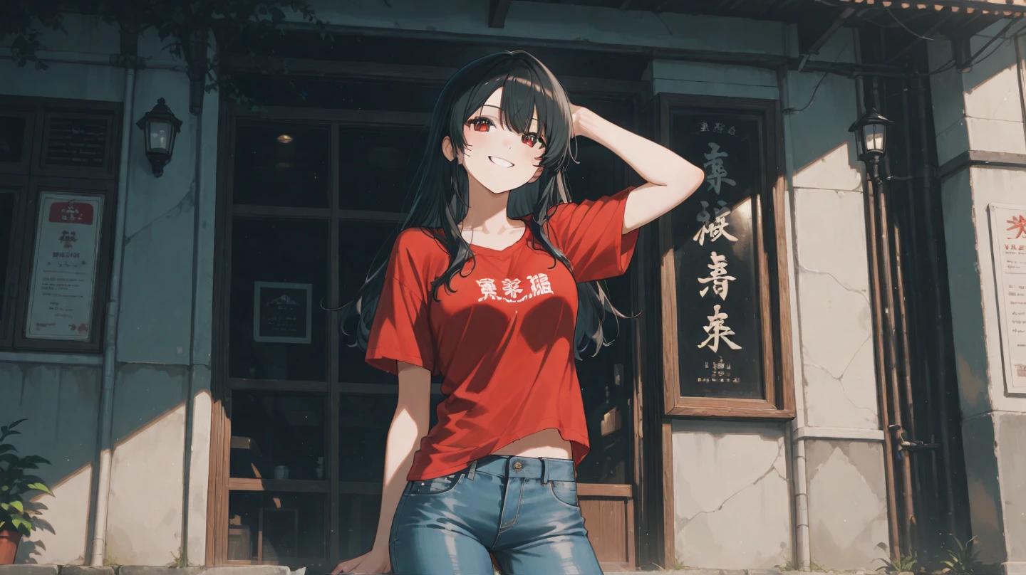 A woman wearing a red shirt with white kanji office, wearing black denim shorts, sports boots, black hair, long hair, ahoge hair, red eyes, smiling, big breasts, perfect face, perfect eyes, standing outside a modern house , with traditional Japanese aesthetics in the background, lawn, close view, daytime location,UHD, prime work, accurate, anatomically correct, textured skin, super details, high quality, best quality, 8k, high resolution, bokeh effect. (woman alone)
