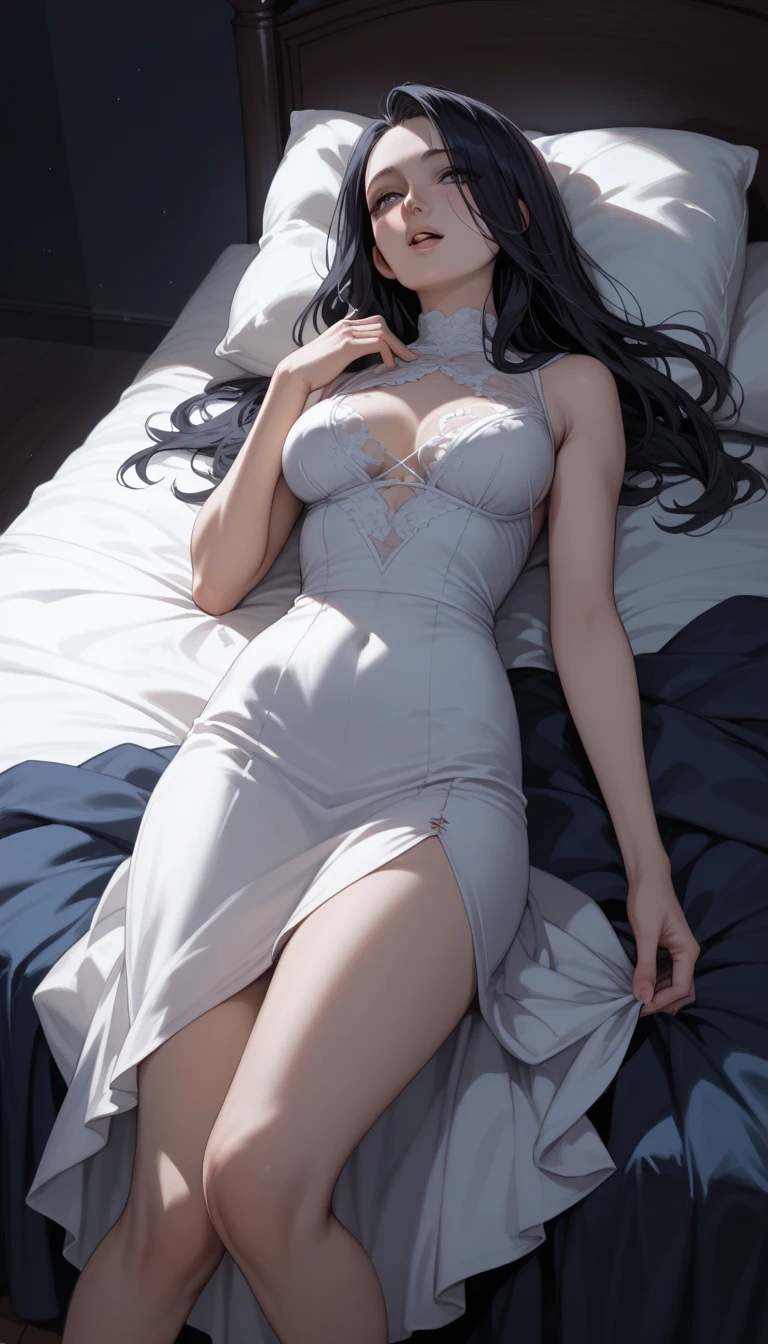 A woman with a good figure。Wear white transparent clothes。Lie sideways on the bed。Give your wife supple and smooth skin。beautifullegs