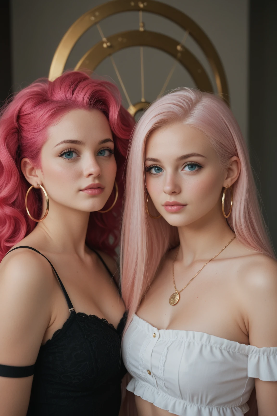 a 2 girl, similar to alicia vikander, wearing short pink hair