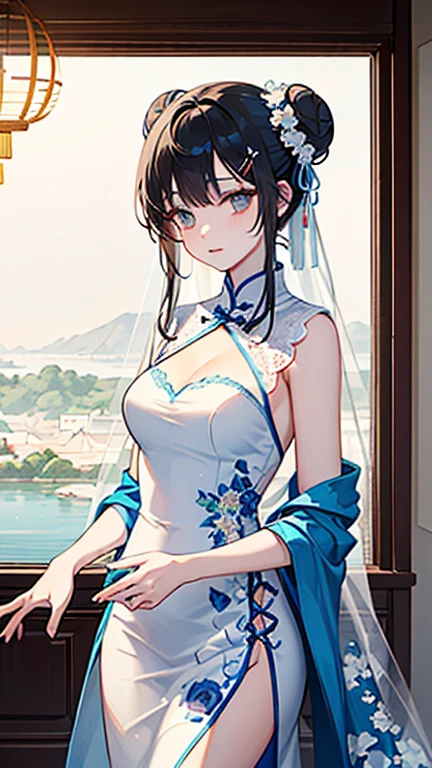 1womanl,Black hair,14years ,(()),Beautiful breasts,(((sexy white and blue shiny cheongsam)))(())(((Blushing cheeks、Smile with open mouth)),(((Satin Narico))),((( portlate))),Crowds,white and blue cheongsam