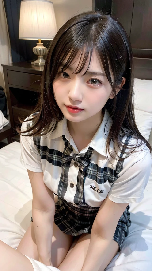 Lie on your back futon Touch your crotch with your hands (8-year-old girl) A plain white shirt with a wide open chest uniform Black Grey Skirt semi-long Open your mouth Glaring face