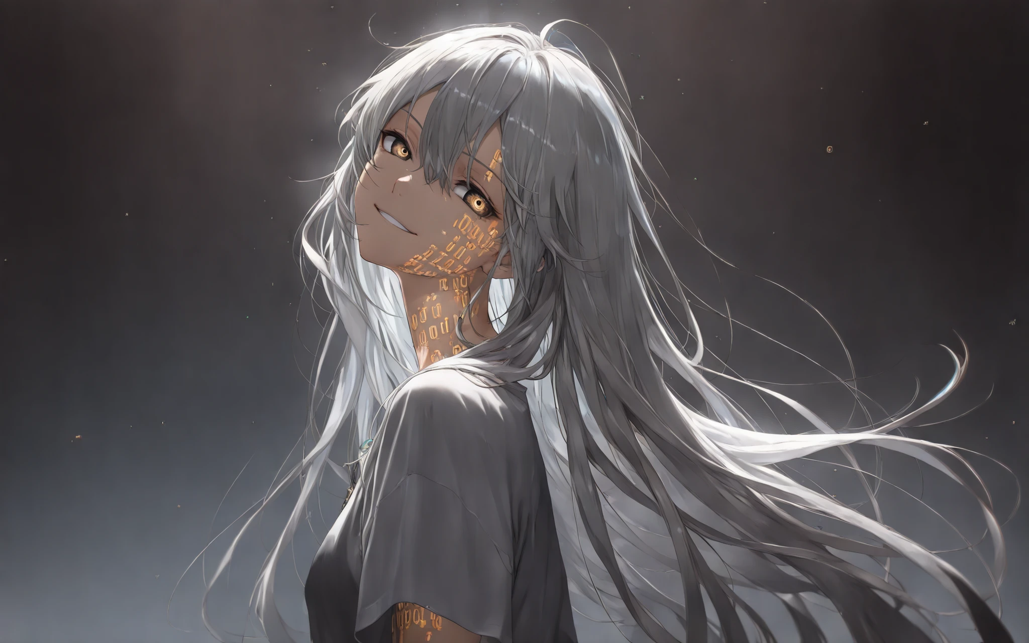 by [arknights|(748cmstyle:0.77)], god rays, cinematic shot, dramatic lighting, young adolescent, ager, young, masterpiece, best quality, amazing quality, very aesthetic, high resolution, ultra-detailed, absurdres, manwha, extreme detail, 
1girl, solo, alone, (upper body focus, side shot, looking to the side, medium shot:1.2), burning skin, cosmic skin, cosmic wings, nuclear wings, cosmic portals, glowing eyes, cosmic eyes,  nuclear magic, nucleus, massive cosmic power, cosmic apocalypse ,hair between eyes, narrowed eyes, tsurime, cute expression, oversized sleeves, black eyes, gray hair, brooch, messy hair, goddess, (matrix, inside the matrix, code, digital, binary code:1.5), very long hair, loose t-shirt, divine aura, cocky smirk, arrogance, soft eyes, head tilt,  BREAK, depth of field, volumetric lighting, (((glitchy, distortion, chromatic aberration))), scenery, 
 