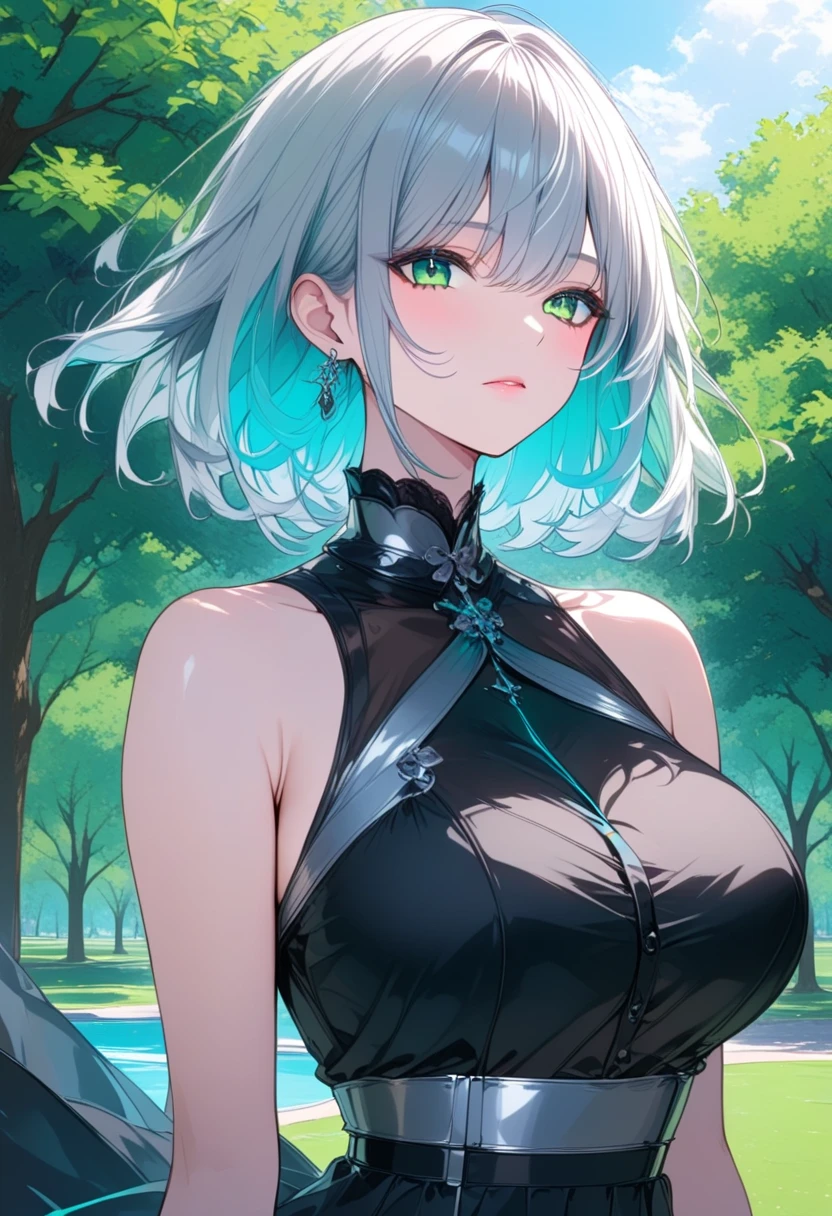 (Highest quality、High resolution、8K、masterpiece:1.2)。Look away、Open your mouth、Pink Eyes、Silver Hair、Heart shaped pupil、teeth、tongue、tongueを出す、（Original Character, (1 Girl)、Perfect Face、((short hair:1.2))、(Hair above one eye:1.3)、[[Disheveled Hair]]、colorfulな髪、Detailed eyes that shine、Light and shadow、Glowing Skin、 (Curvy but slim), ((High angle shot))、Sexy look、Use something sexy、（background：Mountain、岩Mountain、forest、nature）Full body、bracelet、necklace、Wild child、Wild childスタイル、Disheveled clothes、sunglasses、Follow the Silver Wolf、Tarzan、natureで育った、cyborg、colorful、
