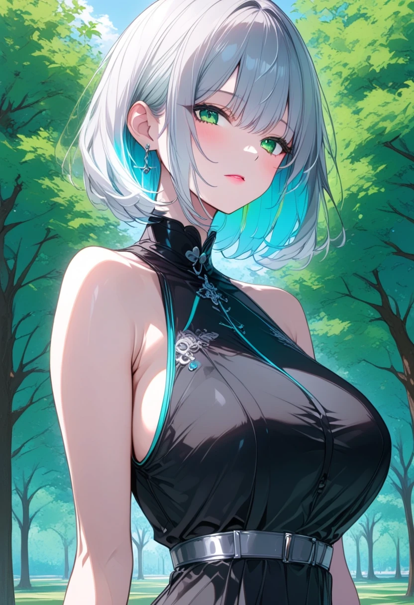 独奏, Female, sleeved, Japanese, アニメ, cake, silver hair, (short cut), high school girl, ((tareme)), [big eyes], black iris, light blue eye, tall, [[curvy]], japanese idol, large breasts, cleavage, ((masterpiece)), ((high resolution)), ((best quality)), (ultra-detailed), ((extremely detailed)), hairband、uniform、skirt lift、background、
A fantasy forest with giant mushrooms and bioluminescent creatures creating a mystical landscape.