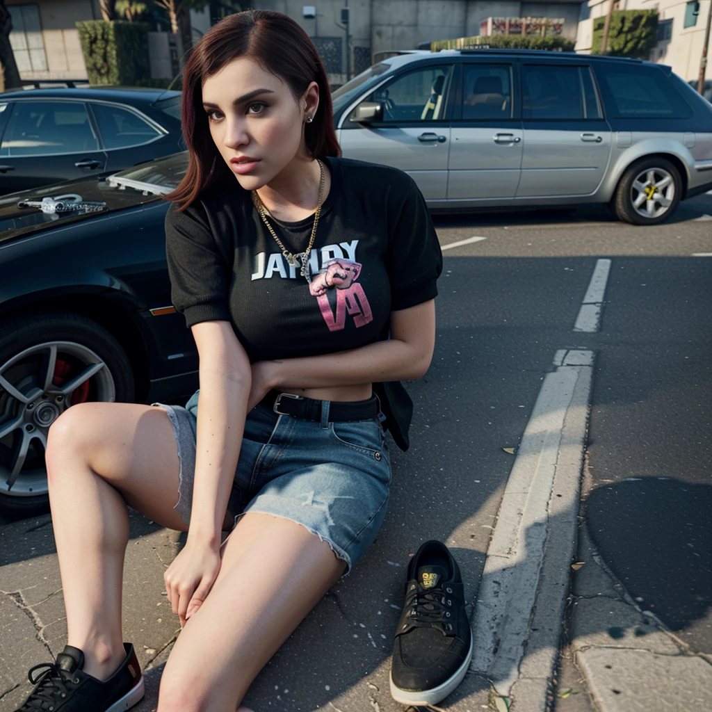 araffe sitting on a bench in front of a red car, woman in streetwear, she is wearing streetwear, female streetwear blogger, streetwear fashion, posing in an urban street, street wear, bella poarch, sneaker photo, casual streetwear, instagram model, shot on canon eos r 5, shot on canon eos r5, lowrider style