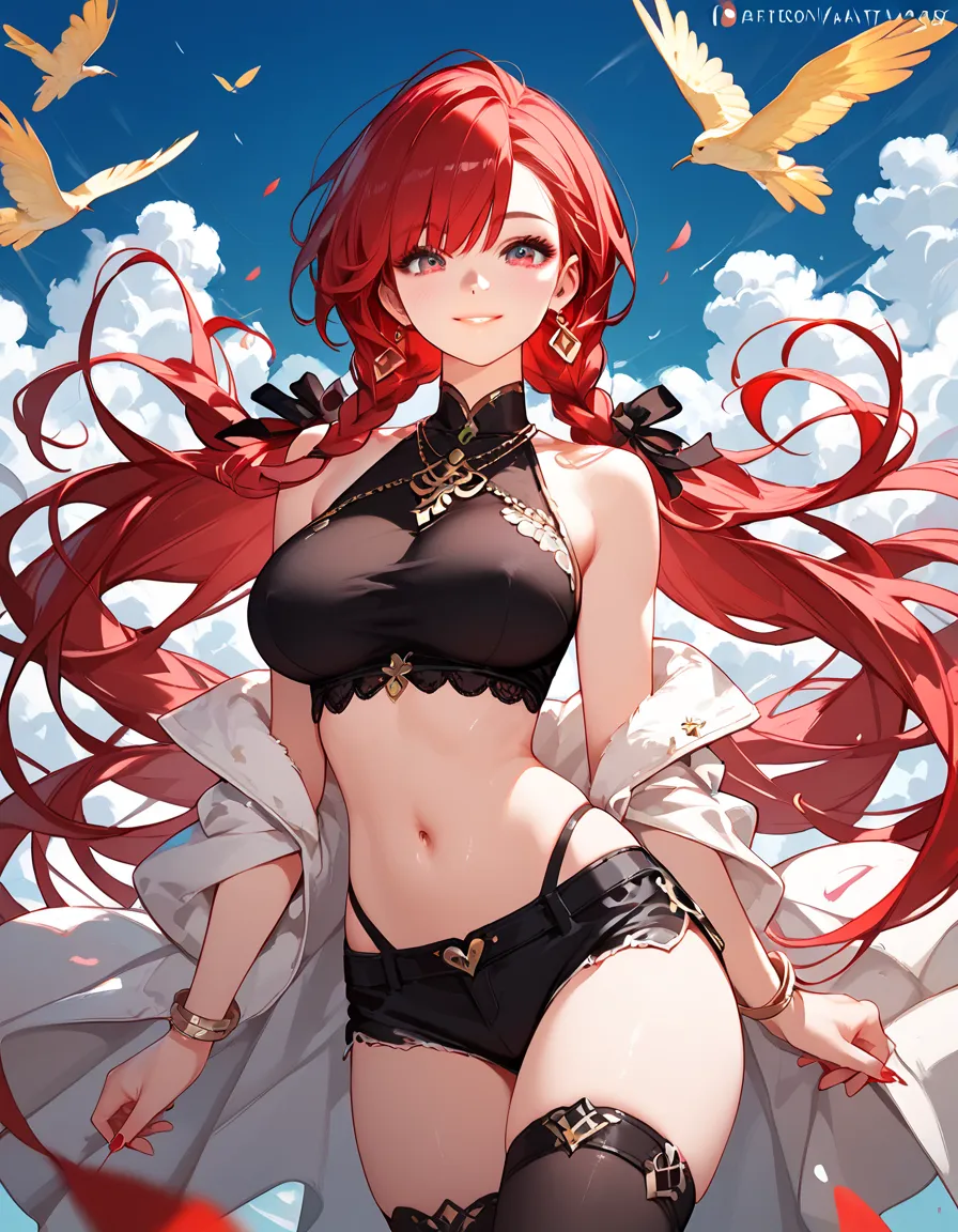 young girl, short red hair, high ponytail, Cyan eyes, Red Old Slavonic robe, open belly, ssmile, Fox ears, Fox tails, Masterpiece, hiquality, high detail, HD, 4k