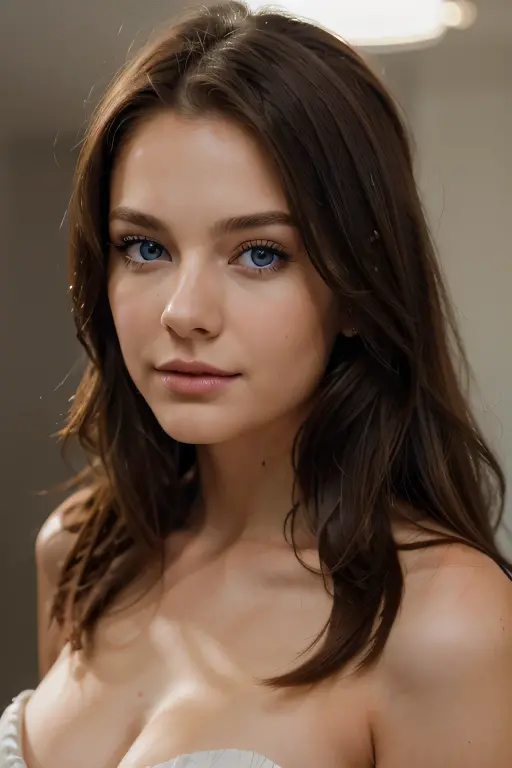 a portrait of a beautiful 25 years old brunette woman, blue eyes, looking directly at the camera, pretty face features, feminine, professional photo, Good lighting, photoreal, photorealistic