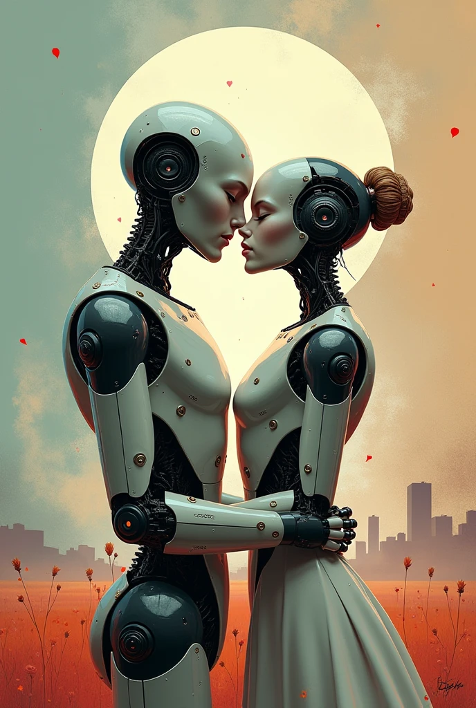 Sexual relationship between a male cyborg and a female cyborg on the roof of a skyscraper, high quality, best quality, absurdres, masterpiece, beautiful, intricate details, 1/2 body crop, slim body, beautiful figure, magnificent anatomy, (intricate details:1.12), HDR, (intricate details, hyper-detailing:1.15), (natural skin textures, hyper realisitc, soft light, Sharp:1.2)