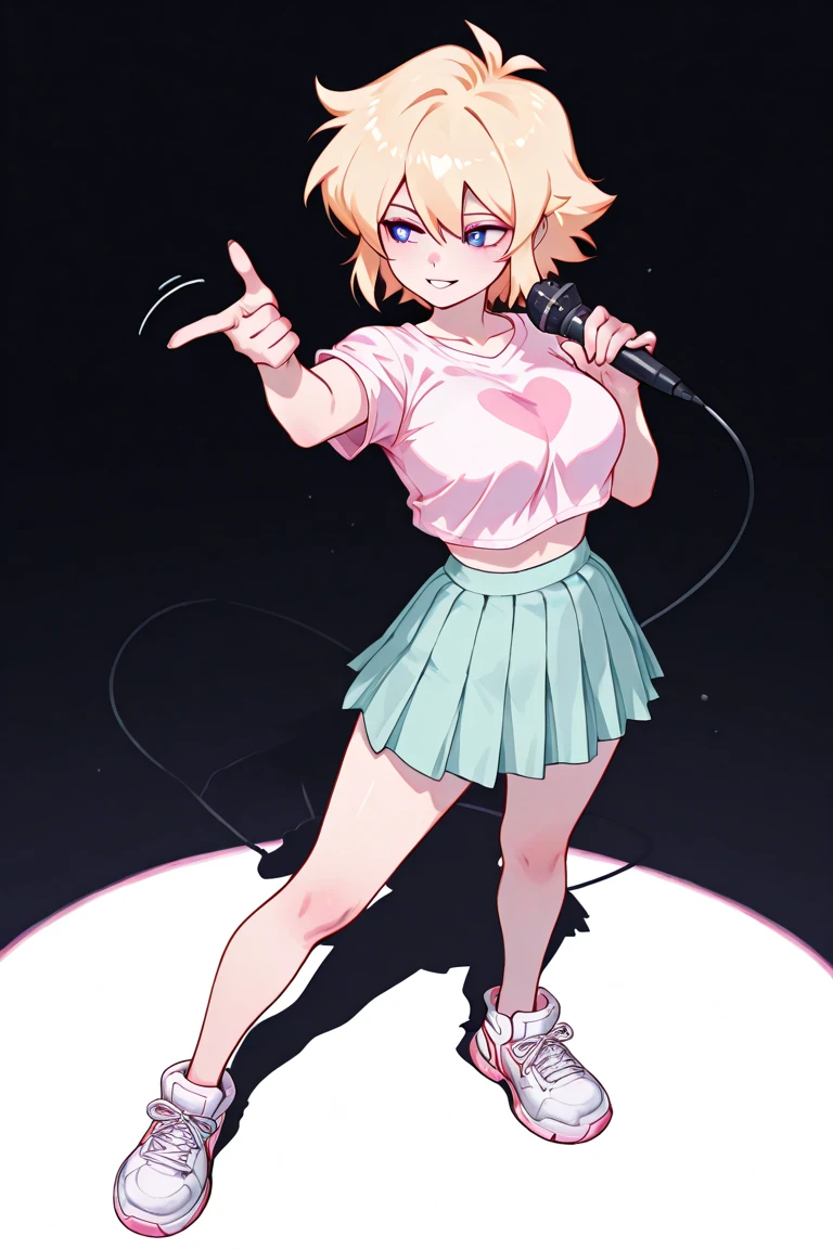 Girl with pink hair,short red bow on the back of the hair,with small fangs,black top,short gold skirt,k pop singer,Idol
