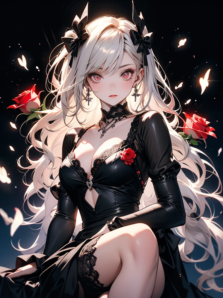 ((highest quality)),(ultra high resolution),(Super detailed),(detailed description),((best CG)),(best work of art),super precision art, great drawing art,(Art with precise details:1.5), (1 young girl:1.5), beautiful and well-shaped face:1.5,(Beautiful skin with precise and detailed depiction:1.6),(Frilly gothic dress ),gorgeous, masterpiece, best quality, high-resolution, finely detailed, extremely detailed and beautiful, distinct-image, 1 girl, 16 year old teenager, solo, soft facial features, symmetrical shaped face. plump cherry red lips, lightly tanned white skin. red and white-colored eyes, F-cup breasts, short height(150cm), plump short stack body type, waist length pink-white hair, small narrow waist, curvy wide hips, elegant gothic courtyard setting