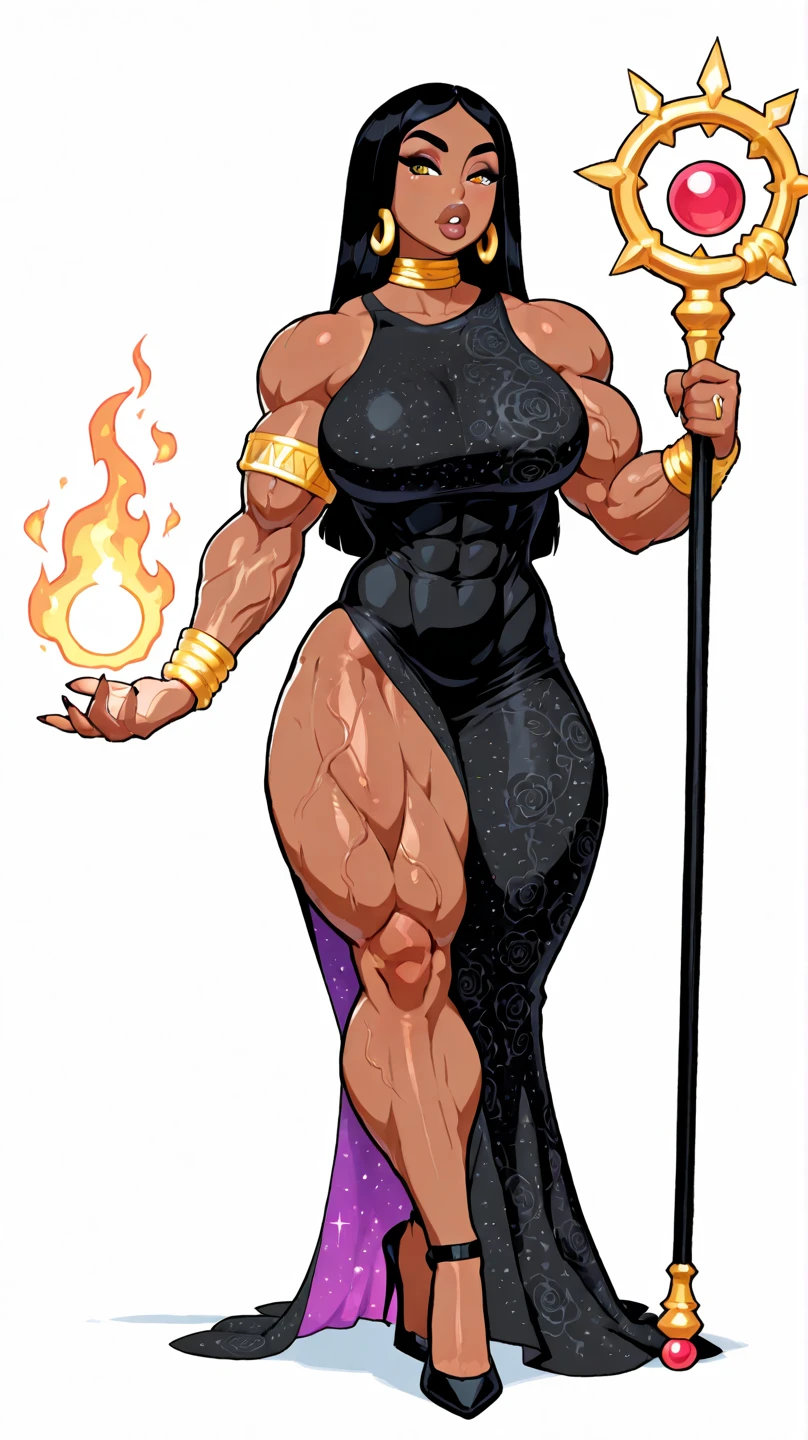 (masterpiece, best quality:1.2),1 girl, voluptuous body, full body, masterpiece, dominant pose, good anatomy, no extra limbs, big ass, thick thighs, black hair, voluminous afro, pointy ears, gold earrings, black top with red details, black skirt with red details, gold necklaces wide hips