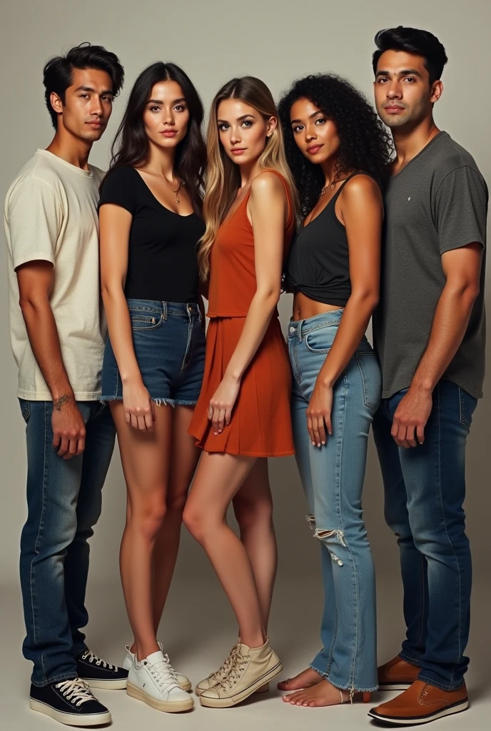 Photo of a age girl in skater fashion and her male and female friends. Everyone is wearing a tank top. It's a cool and stylish image.