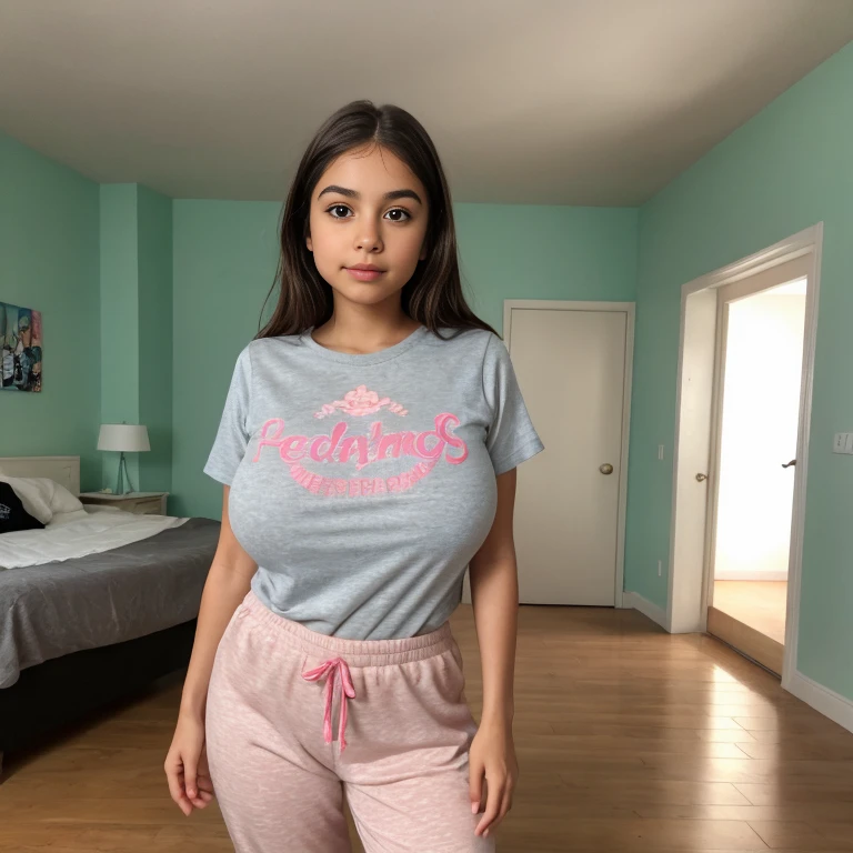 Cute innocent girl 16 Year old Tamil fair skin colour curly black hair one pony sexy body full body smiling on bed wearing long pink t shirt and colourful pants more poses