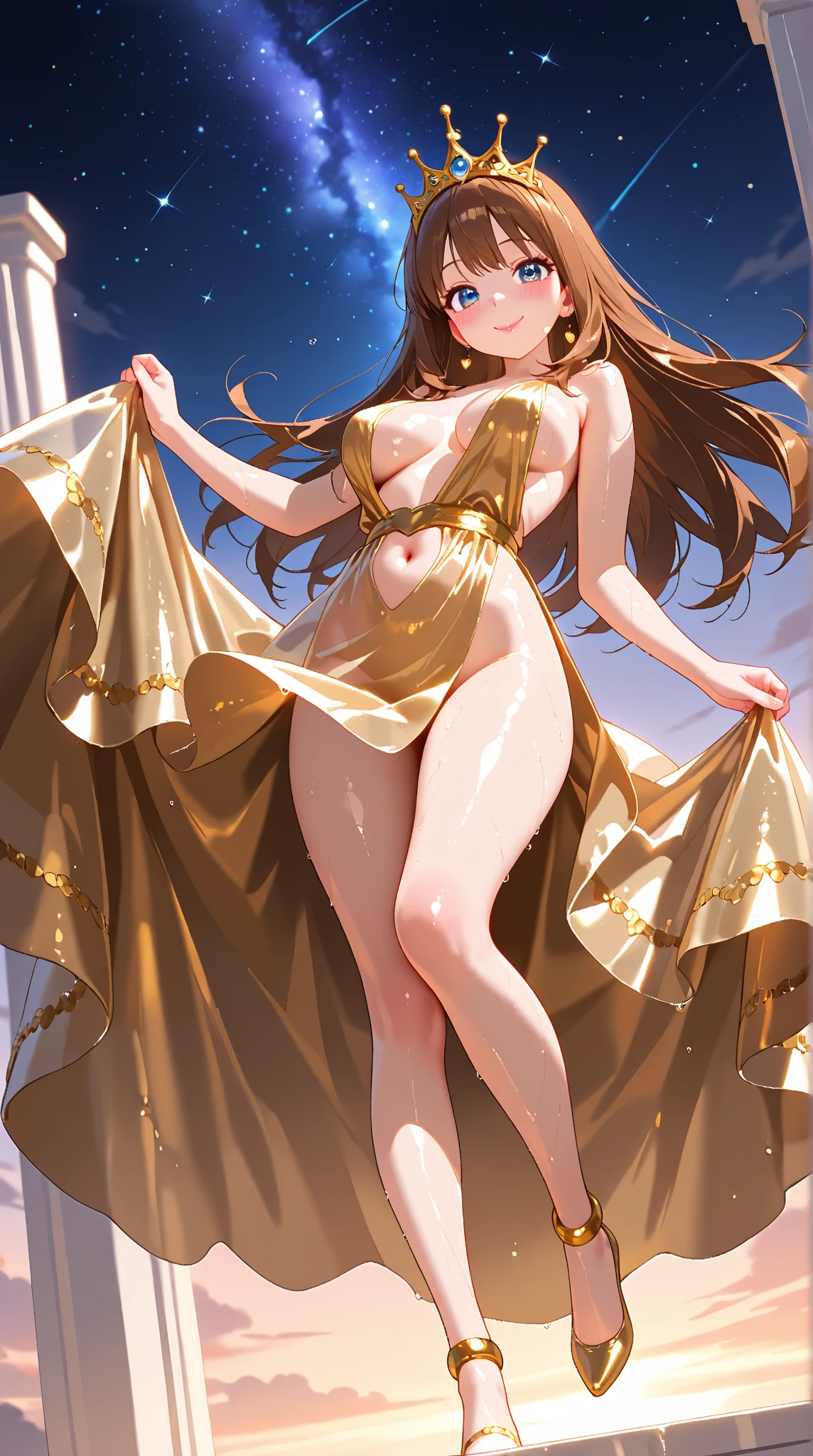 The elegant giantess, in a shimmering golden gown, with flowing auburn hair and hazel eyes, strides through an ancient city. Her towering form crushes stone buildings and statues underfoot, each step causing the ground to quake. She gazes down at the tiny humans below with a look of condescending amusement, her voice filled with mocking laughter. Her curvy body glistens in the sun, every movement exuding an air of majestic dominance and irresistible allure. Giantess, Goddess, sexy legs, heels, hot, curvy body, mommy issues, small town, small people, tiny people, macrophilia, perspective from below, high quality, almost naked, mature woman, majestic.