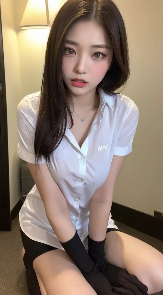 absurdres, RAW photo, extremely delicate and beautiful, masterpiece, Best Quality, ultra high resolution, 32k, hyperrealistic, ultra-detailed, perfect anatomy, perfect figure, super Detailed skin, 30 years old, very Slim body, narrow waist, very small head, very small face, delicate facial features, tearful mole, earring, thin legs, (very huge round breasts:1.3), (full body shot:1.2), short medium hair, (wavy hair:1.2), wet clothes, tennis uniform, white polo shirt, White pleated mini skirt,
