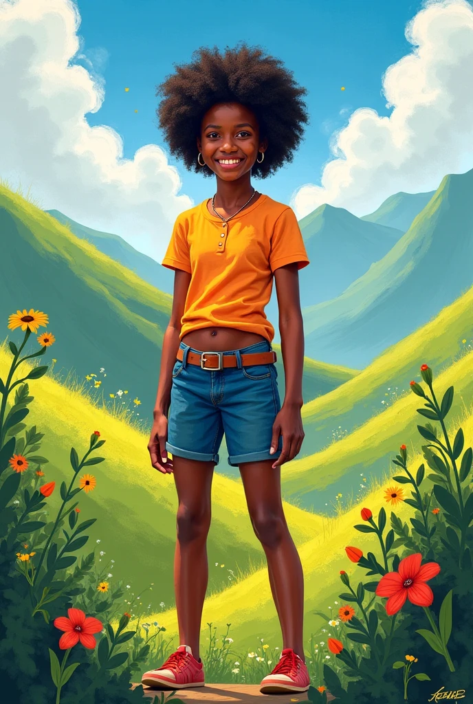A brunette 15-year-old black girl with curly hair and big breasts sits with her legs spread apart stretched out, taking a realistic photo