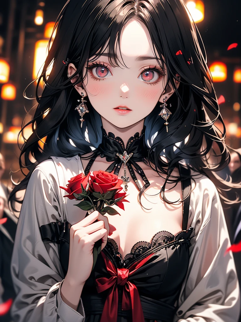 ((masterpiece,Highest quality)),One girl,Beautiful attention to detail, Detailed face, (whole body:1.2), White short hair, Red eyes,Mid-chest, (Black background:1.2), petal, Shadowed face,