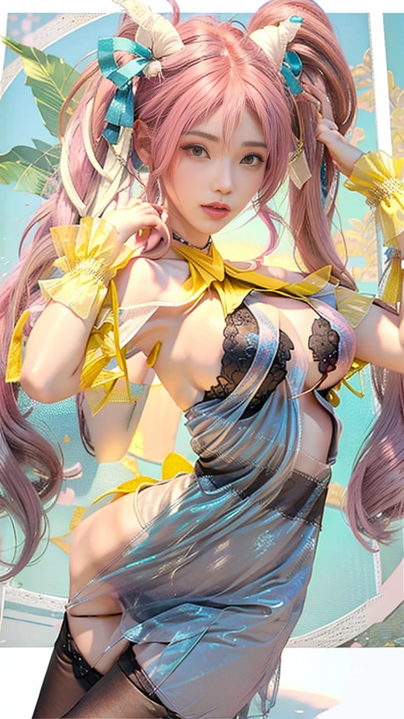 tmasterpiece,Need,1girl,Watery eyes,Colorful background,babyfat，full bodyesbian,enchanting,ren,beautfully face,Pure face,Pale skin,sexyposture,((Bandeau, cropped shoulders, nabel, shorter pants)), Pink Long Hair,High ponytail ((perfect women figure)), a matural female, A MILF, a narrow waist, Chinese immortals, Cleavage is seductive, The is very detailed, Best quality at best, tmasterpiece, A high resolution, Original, Very detailed 8K wallpaper，tmasterpiece，best qualtiy，illustratio，Beautifully detailed eyes，电影灯光，Beth