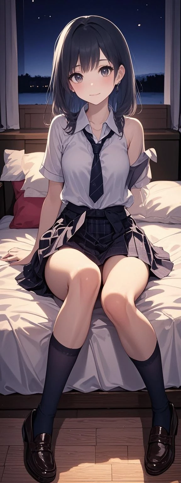 16 year old, Japanese school girl, small breasts, small ass, skirt falling down, tomboy, sleeping on her bed, night time.