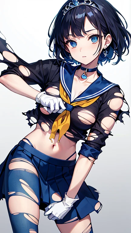 18-year-old,shiny navy hair,short hair,Parted bangs,Yellow Eyes,Large Breasts,Small waist,Big Ass,,A feminine and soft figure, , See-through sailor suit,Navy blue mini skirt,Black underwear, ,Japanese sword,Covered in body fluids,Japanese swordの墓場,
