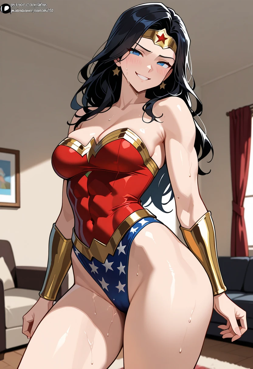 Wonder Woman, 1 girl, ((barnet))), long black hair, uniform, confused face, thick thighs, huge ass, huge natural breasts, cleavage, mature mother, huge muscleoysenberry eyes, Curvaceous physique, in a farm