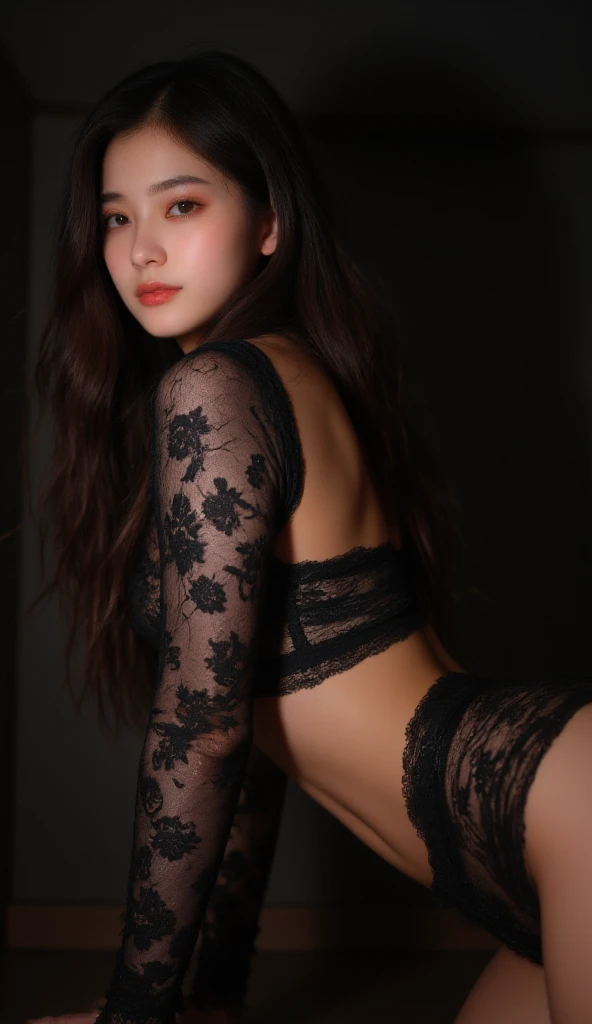 One girl, fair skin, model, big night view, indoors, on bed, seduction, underwear, sexy pose, looking back, ass, from below
