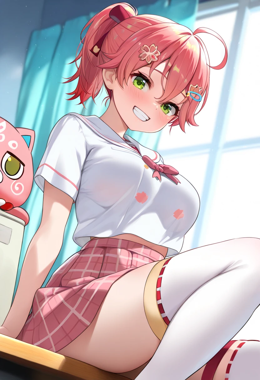 Nana Devilk, Nana That Devil's Place, tusk, Long hair, (Pink eyes:1.5), Pink hair, tail, (Twin-tailed:1.5), (Plump breasts:1.2), angry, Open mouth,
(Break Green Skirt:1.3), Plaid, plaid skirts, Southwest College Uniform, School uniform, Skirt, Shirt, White shirt, Sweater Vest, (Yellow sweater vest:1.5), Short sleeves,Break indoors, crass room,
BREAK looking at viewer, (Cowboy Shot:1.5),BREAK (masutepiece:1.2), Best Quality, High resolution, Unity 8k壁纸, (Illustration:0.8), extra detailed face, Perfect Lighting, extremely details CG, (Perfect hands, Perfect Anatomy),thighs thighs thighs thighs、、(Skirt lift:1.3), (white panties:1.3)、(Skirt that rolls up:1.3)、(Fully exposed panties:1.5)
