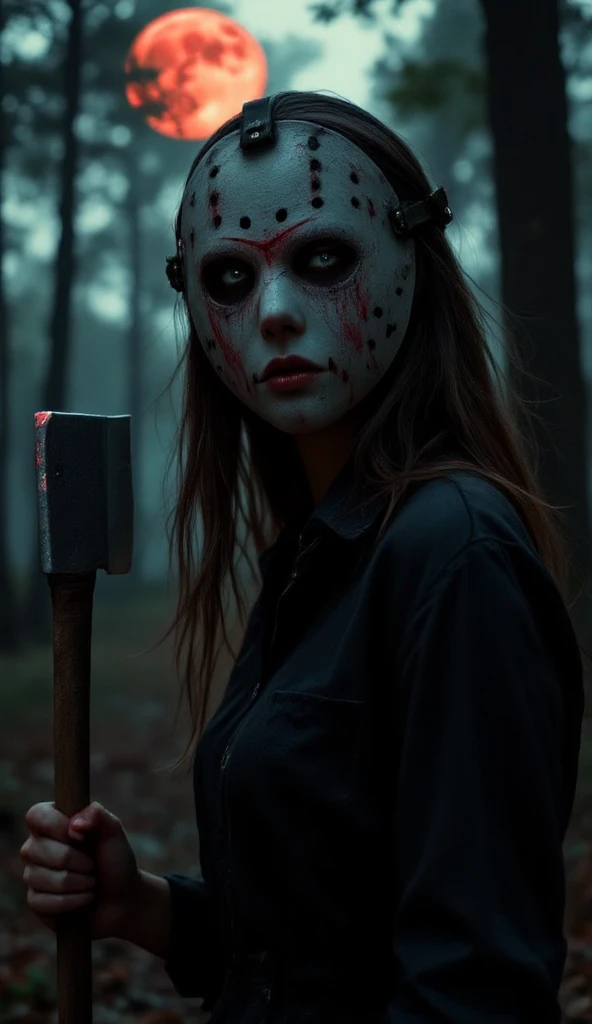 A girl wearing a hockey mask with a machete, piercing blue eyes, bloodied lips, and a sinister smile, surrounded by a dark and eerie forest. She is dressed in a tattered and dirty white dress, with long, tangled black hair covering half of her face. The scene is set during a stormy night, with thunder and lightning illuminating the scene. The girl stands in a haunting pose, holding the machete in one hand and raising it high in the air. The atmosphere is filled with suspense and fear, as if she is about to strike her next victim.
The artwork should be created in a hyper-realistic style, using high-resolution techniques to capture every detail of the girl's face, dress, and the surrounding forest. The colors should be desaturated, with a cold and gloomy tone, enhancing the horror theme. Studio lighting should be used to add depth and highlight the details of the girl's face and the forest. The overall image quality should be of the highest standard, producing a 4K or 8K masterpiece that showcases extreme detail and realism.
In summary, the prompt should include the following tags:
- female Jason Voorhees
- hockey mask
- machete
- piercing blue eyes
- bloodied lips
- sinister smile
- dark and eerie forest
- tattered and dirty white dress
- long tangled black hair
- stormy night
- thunder and lightning
- haunting pose
- suspense
- fear
- hyper-realistic style
- high-resolution techniques
- desaturated colors
- cold and gloomy tone
- studio lighting
- 4K or 8K quality
- extreme detail and realism
Remember to arrange the tags in order of importance and separate them with commas.