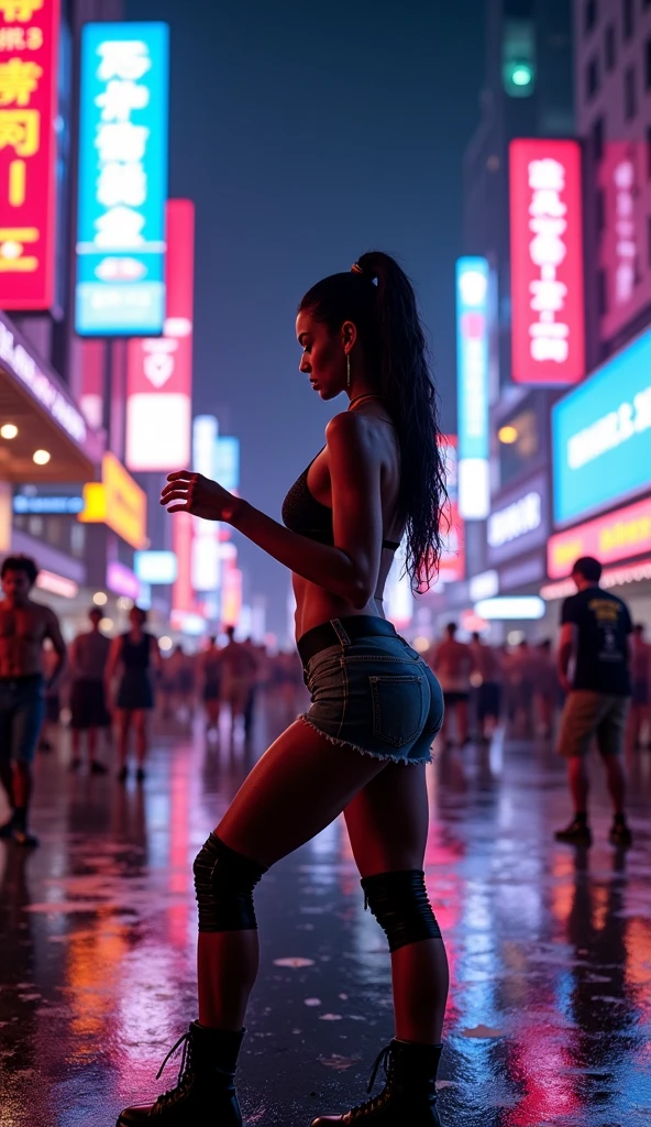 Album Artwork of an urban landscape featuring a night party in a rooftop with a girl in the center showing her ass.
