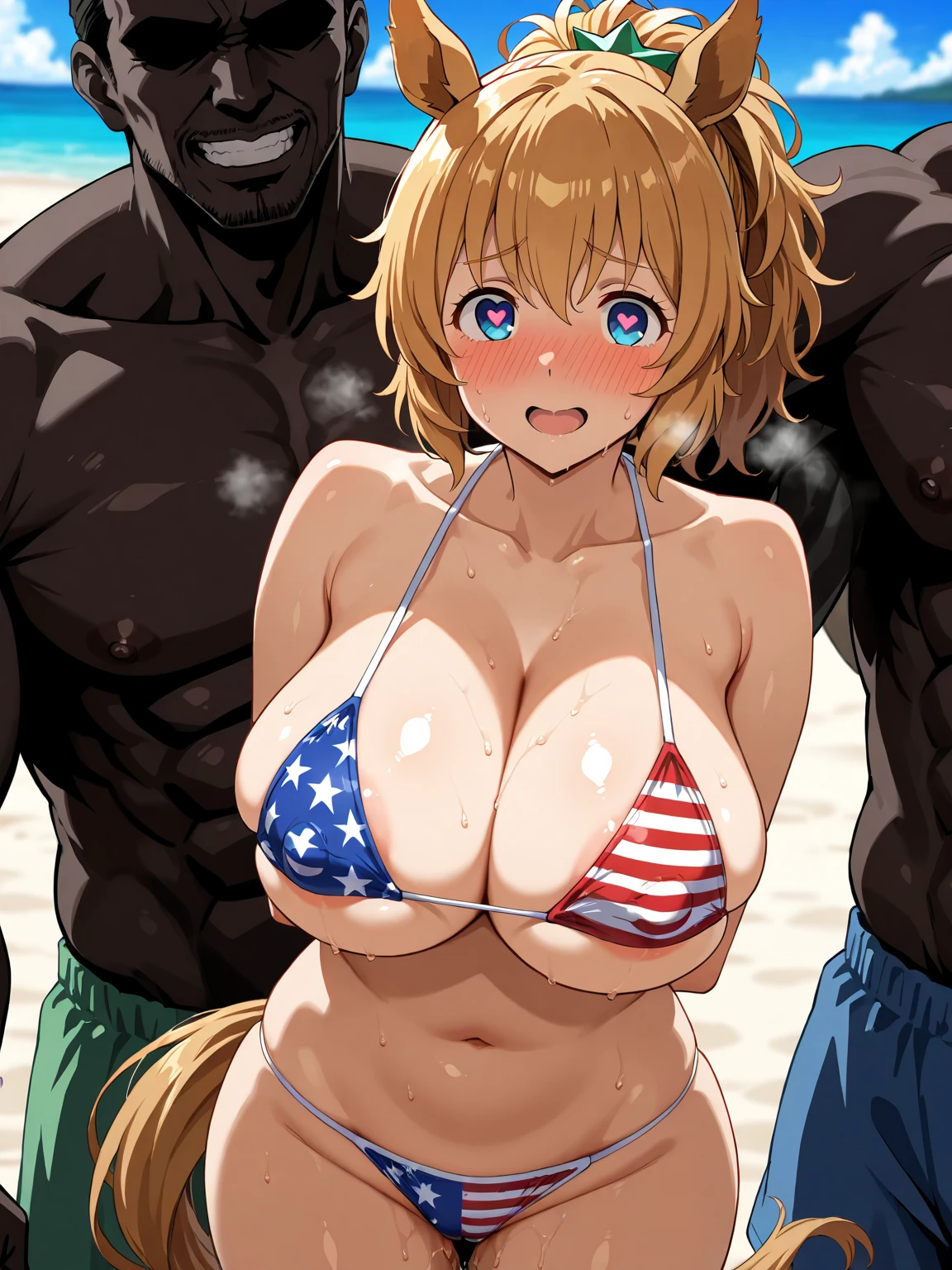 score_9, score_8_up, score_7_up, 1girl, outdoors, beach, (micro bikini), flag microkini, american flag microkini, tomboy, shy, blush, gyaru, standing, choker, looking to the side, big breasts, wide hips, medium long hair, micro bikini barely covering pussy and nipples, cameltoe, pussy peek, nipple peek, surrounded by men, aftersex, cum on breasts, cum on body, cum in pussy, 4 men,