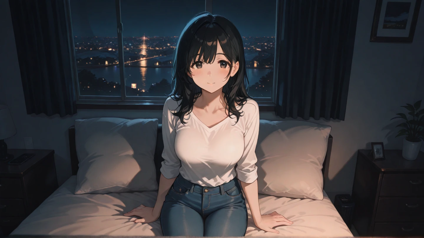 Masterpiece), (best quality), 1 woman, sitting on the sofa, Listen to music, Close your eyes, smile, earphones, in front of the window, city, nighttime, warm and comfortable, relax