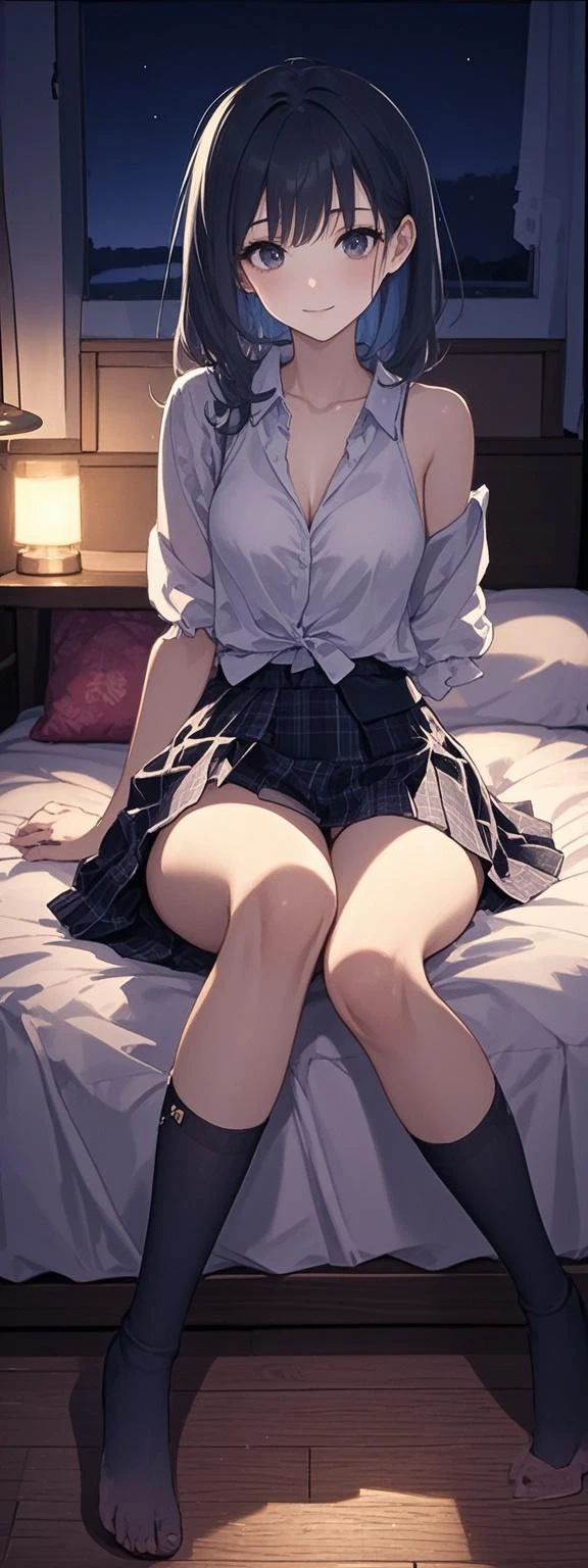 tmasterpiece,best qualtiy,ultra - detailed,illustratio,epic lighting,cinematic compositions,isometry,1girll,独奏,adolable,with brown eye,Black color hair,sweeping bangs,single hair,red hair clips,blouse with a white collar,black necktie,a black skirt,formal,a captivating gaze,captivating posture,inside in room,onbed,looking at viewert,peeking out upper body,Be red in the face,seduct smile,Shut your mouth,(8K:1.1),over knee socks,Lift the skirt,The reveal panties,Bumps,The clasp opens,lace panty,Cute panties