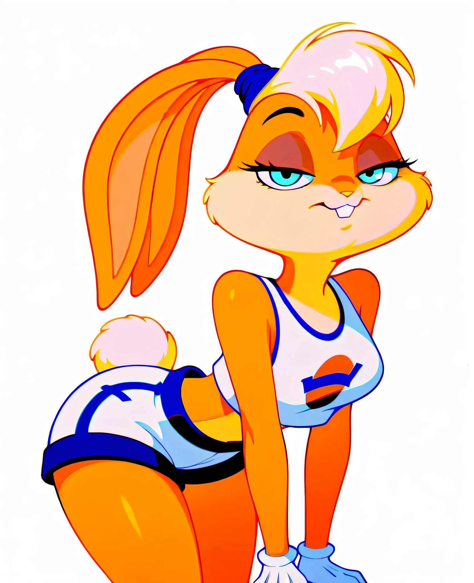 lola, lola bunny, 1girl, (bucktooth:1.2), bedroom, bedroom eyes, clothed, clothing, [black gloves], hair, black handwear, legwear, lingerie, panties, winking, cleavage, solo, facing viewer, on all fours, stockings, topwear, underwear, absurd res, hi res, cinematic lighting, full body portrait
