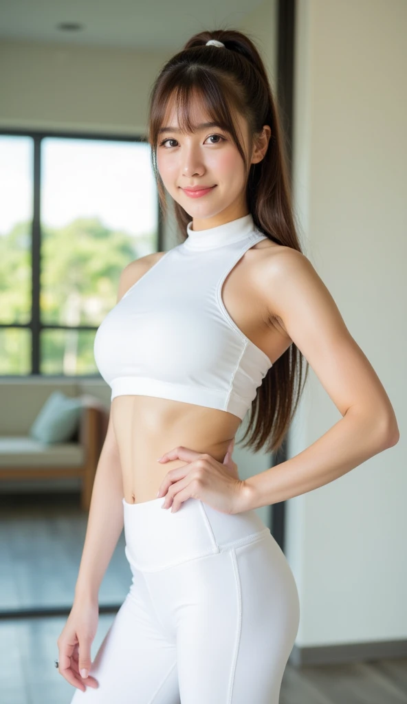 Troubled expression Raise hand Maki Horikita Beautiful girl Junior high school student White tank top Navel exposed Beautiful legs Track and field appearance Club activities Japanese classroom Small breasts Slender short stature Short hair Brown hair Whole body visible Sitting on desk Composition seen from below 透き通る白い肌