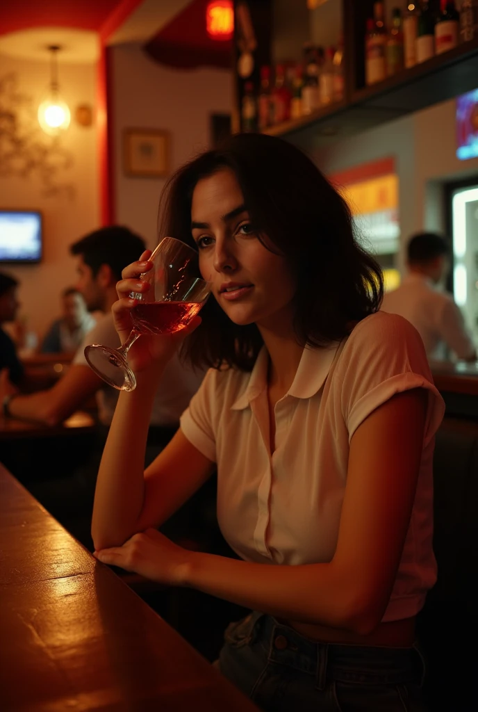 Best quality, in a bar, sitting at a table, holding a glass of wine,bomber jacket with t-shirt, beautiful face, gray hair, bob hairstyle, smooth, neat nose, beautiful girl, gray eyes, sweet lips, slender figure, perfect face.