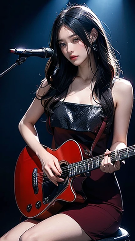 High quality, 8K Ultra HD, ((ink and painting)), ((Highest quality)), ((masterpiece)), (detailed), stage at a concert venue. A bewitching elf woman is singing. Her hair is long, black, and voluminous and loosely wavy. The eyes are black and slightly watery. ((((Large mole below the corner of the eye)))). She is wearing a long black dress. It's a sad expression. full body.
