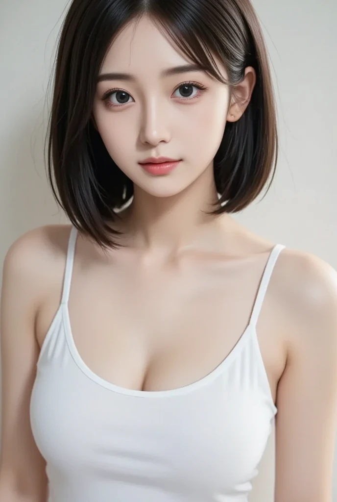realistic photos of (1 cute Korean star) medium hair, thin makeup, 32 inch breasts size, slightly smile, wearing cow pattern camisole, and pants, sitting at the bench, chiaroscuro, depth of field, first-person view, UHD, 16k