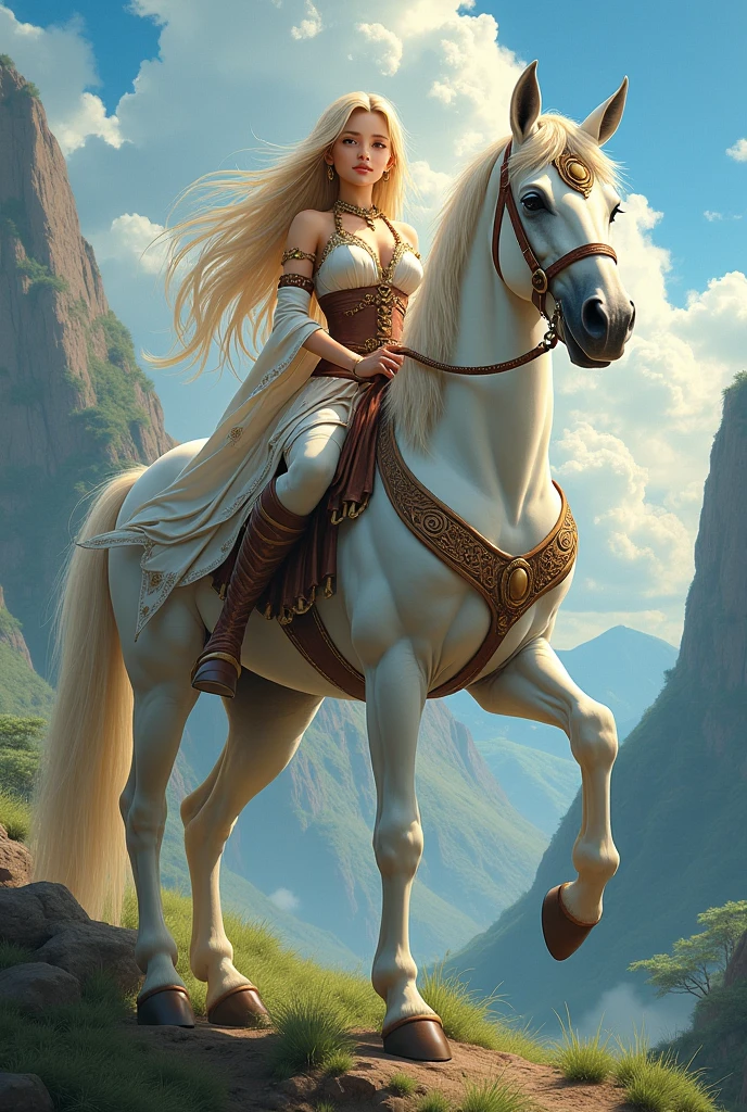 Beautiful princess with long hair in the wind , white gown, raiding a mighty horse to the Call of Duty. Detailed face. Fantasy art