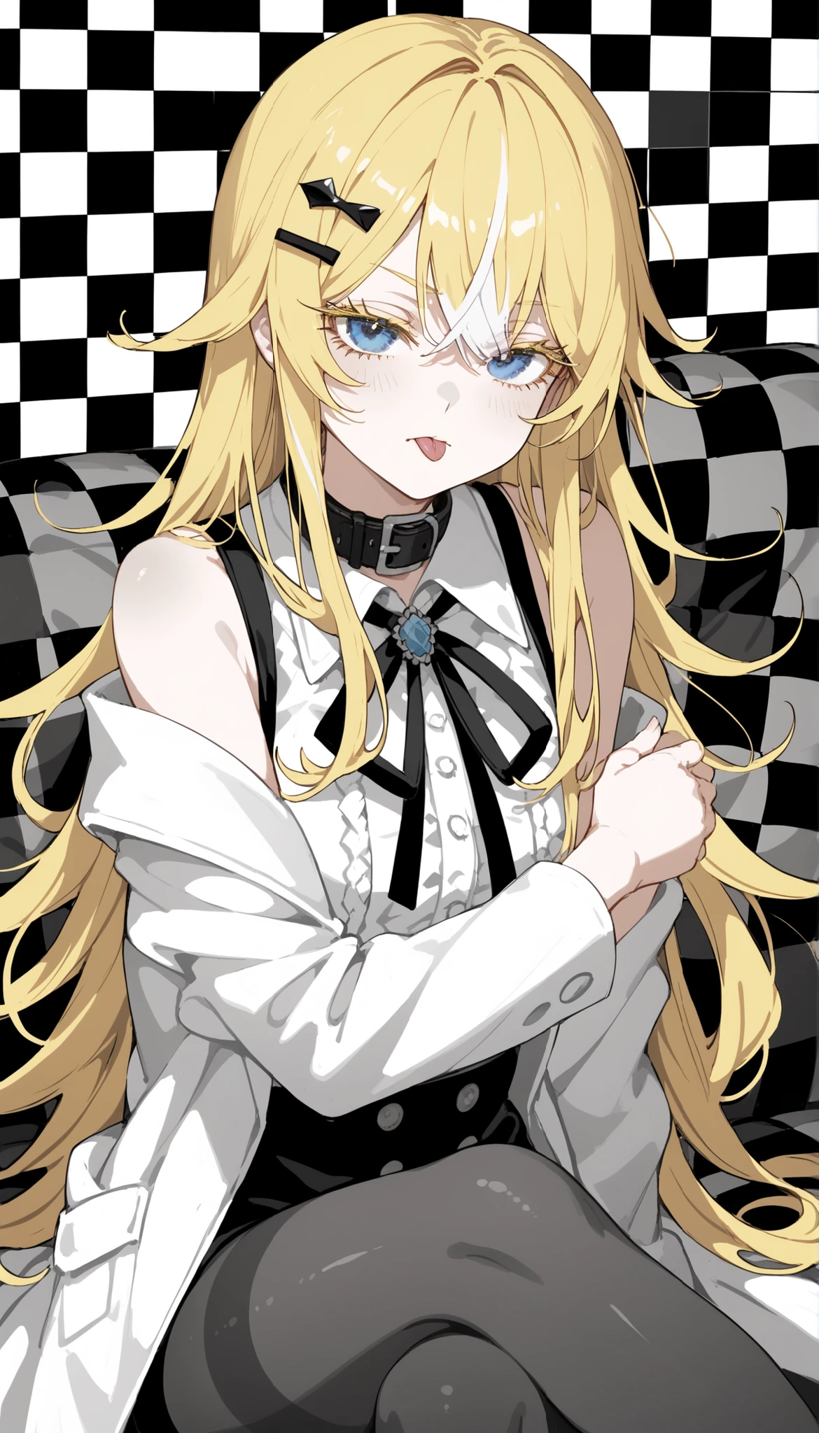 Alone ,girl,in blue eyes,Yellow-haired,long hair,,Symmetrical hairstyles,White Shirt,Long Eyelashes,Medium-Chested,polite,Bored,Monochrome Ribbon,Anime,Black Hairpin,white hair, Two tone hair ,White Coat, ribbon collar ,Milf, multi colour hair,Patterned background,slim,Sit on the sofa,miniskirt,tights,checkered pattern background, Sleeveless Top, tongue