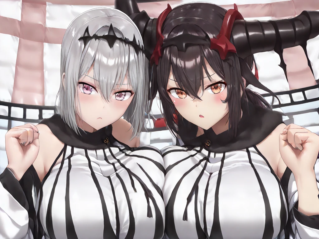((Two Women,Facing each other、Bring your breasts together))NSFW,((anime moe art style)),((masterpiece)), (top-quality), (super detailing), illustratio, (((extremely delicate and beautiful))),dynamic ungle,Look at viewers,((full body Esbian))),(dance),(Proud),(((red blush))),finerly detailed face, long eyeslashes,((Official Costume, Default attire, body suit),Bangs between the eyes,((((huge-breasted))))),Curvaceous、see -through、Beautiful and gorgeous gemstone ornaments、in a house、light particules、Royal Bedroom,((yorha no. 2 type b))