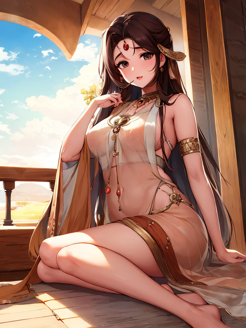 1girl, solo, korean popstar, (eyeshadow, eyelashes, eyeliner, glossy lips, full lips), 1girl, hood, (ishizu ishtar, brown skin, purple eyes), (background, night, starry sky, moonlight, desert, pyramid \(structure\)), (serious, light frown, shining eyes), naked, jewelry, long hair, breasts, dark skin, hood, necklace, perky breasts, dark-skinned female, egyptian, eye of horus, full body, standing, spread legs, seductive pose