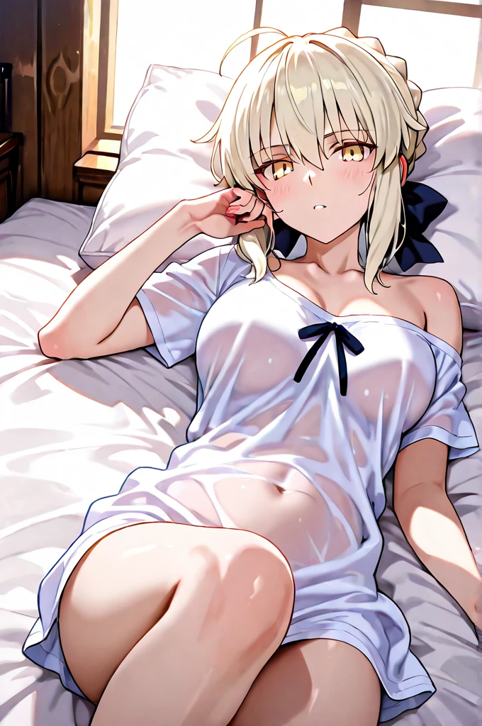 Mature woman, mature face, gentle face, glossy lips, golden eye color, golden eyes, gentle eyes, (braid hairstyle, bob hair, white hair, yellow gradient hair color, glossy hair), slender body, medium breast, thick thighs, saintess clothes, wet clothes, string panties, (nipple through clothing), bedroom, kneeling, spreading legs, view from above, side view, shy expression