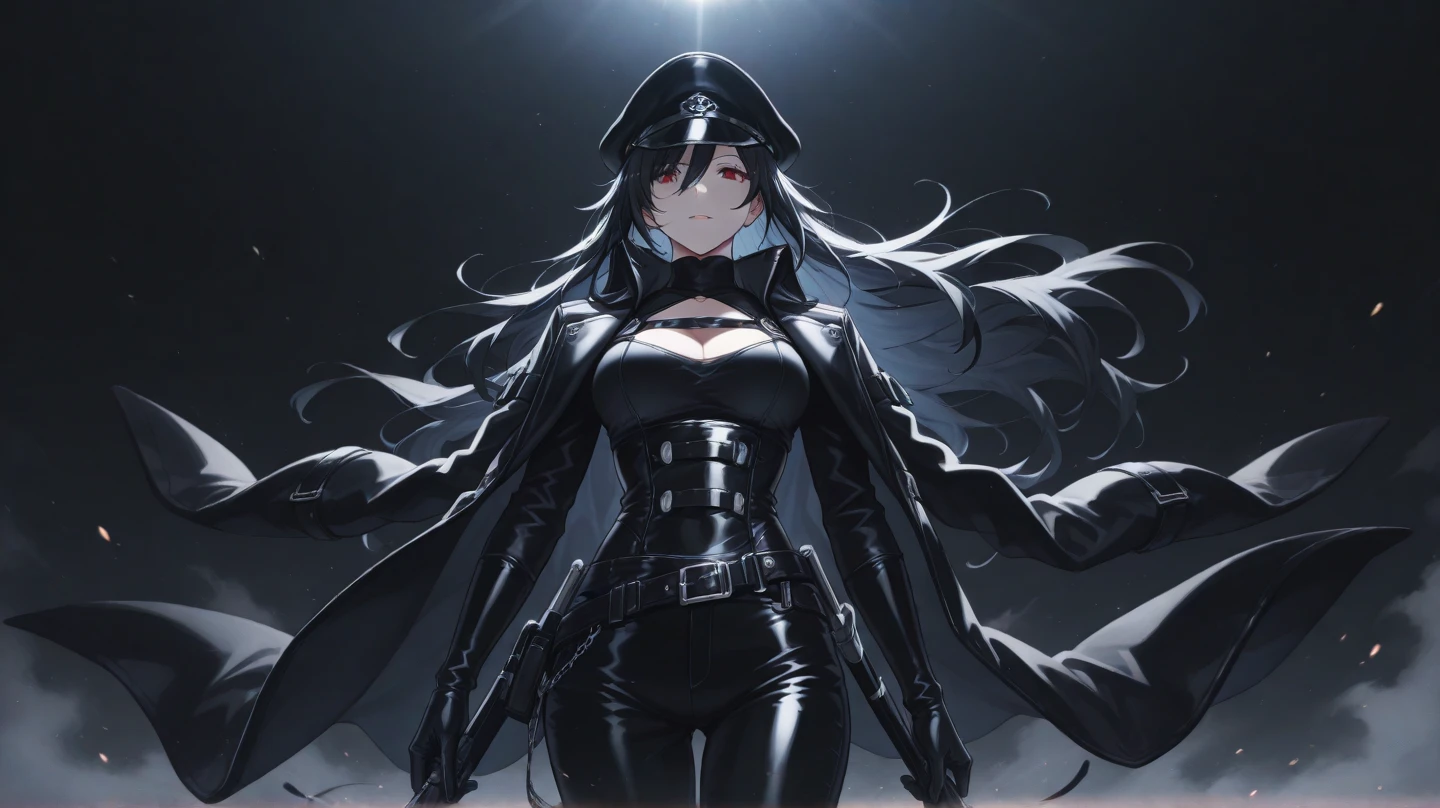 ((((Highly detailed, ultra high resolution))), 1girl, confident, standing, (((segmented body))), [mechanical body], (segmented waist), (doll waist), (black hair, dark black hair over eye:1), long hair cut, pale skin, ((brown eyes)), ((glowing_eyes)), (((ultra detailed eyes:0.7, beautiful and detailed face, detailed eyes:0.9))), ((centered)), (wide shot), facing viewer, (((outdoors, moonlit, crescent moon))), medium breasts, looking at viewer, ((half closed eyes)), ((perfect hands)), (((head:1, arms, hips in view, elbows, thighs, in view))), ((hands at sides)), sly smile, beautiful lighting, outside, outdoors, background, ((defined subject)), 25 years old, (head tilt), (((cool))), ((confident)), (((high contrast)))